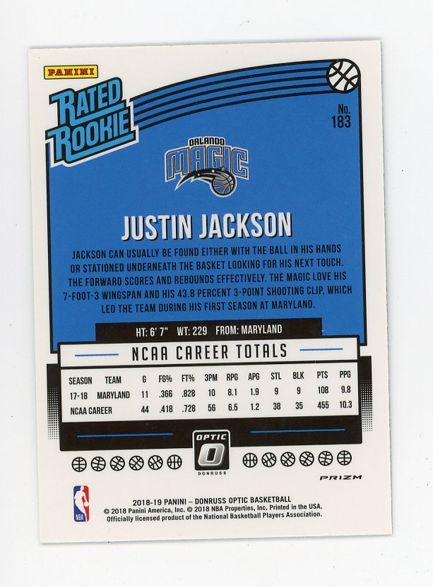 2018-2019 Justin Jackson Rated Rookie Shock Prizm Donruss Optic Orlando Magic # 183