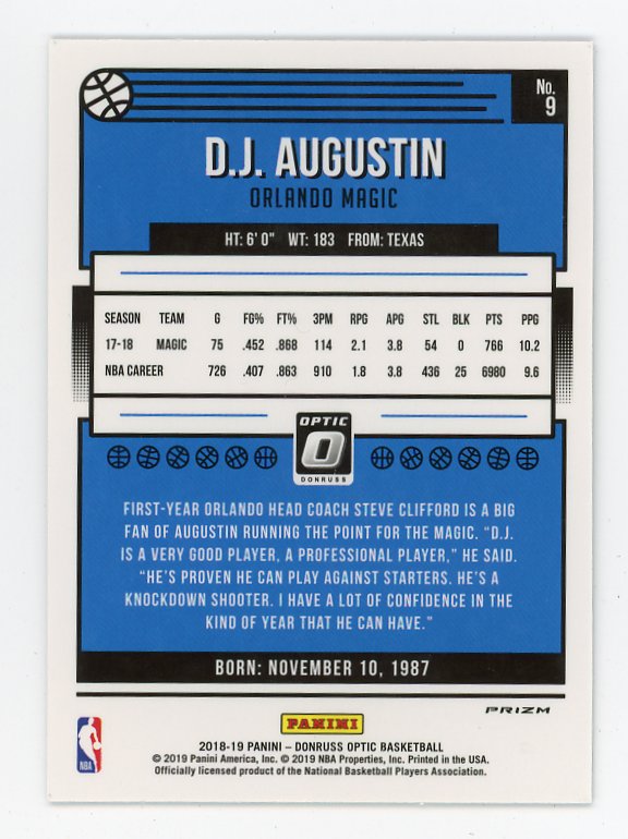 2018-2019 D.J. Augustin Prizm Donruss Optic Orlando Magic # 9