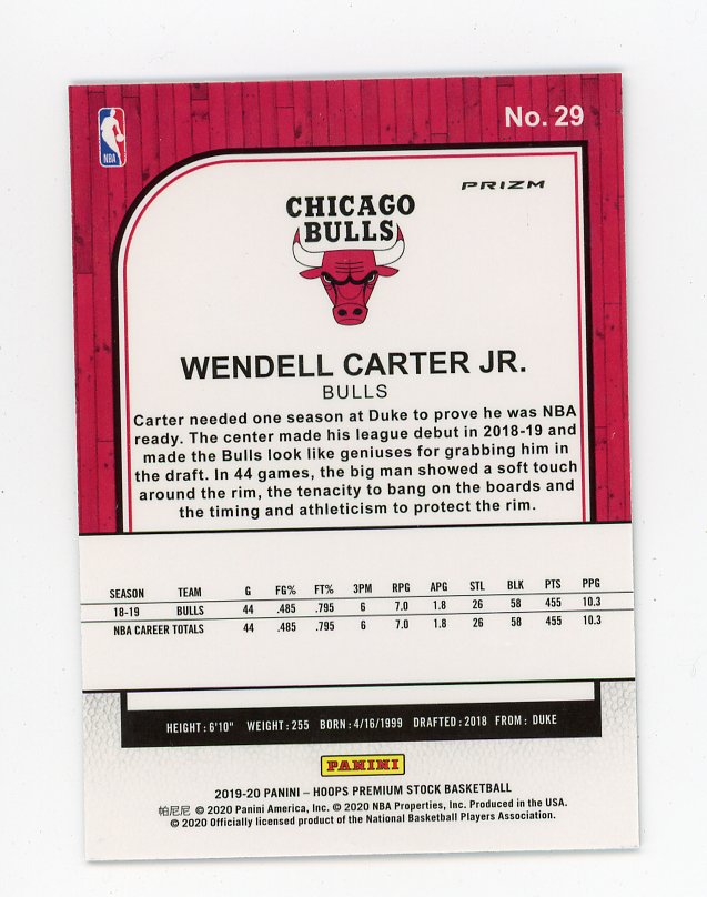 2019-2020 Wendell Carter JR Silver Flash Premium Stock Chicago Bulls # 29