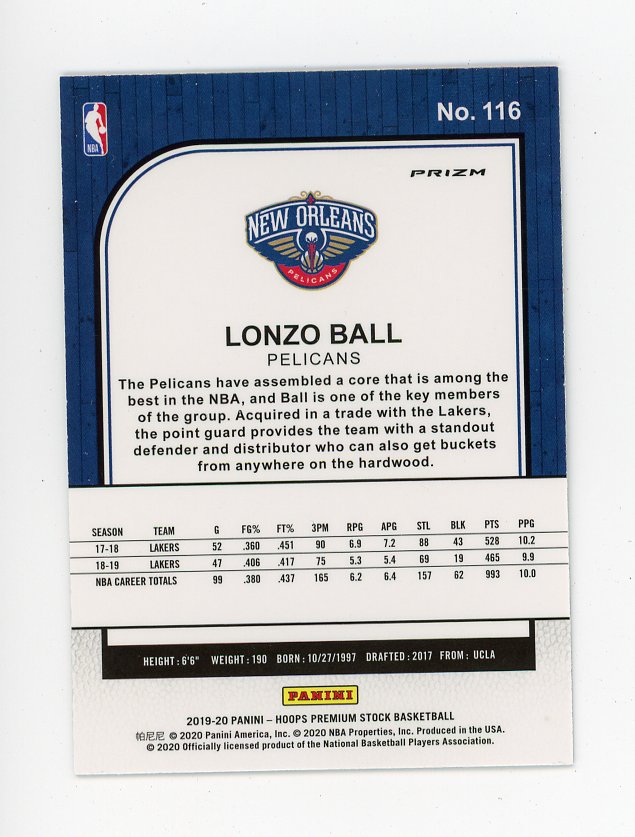 2019-2020 Lonzo Ball Silver Flash Premium Stock New Orleans Pelicans # 116