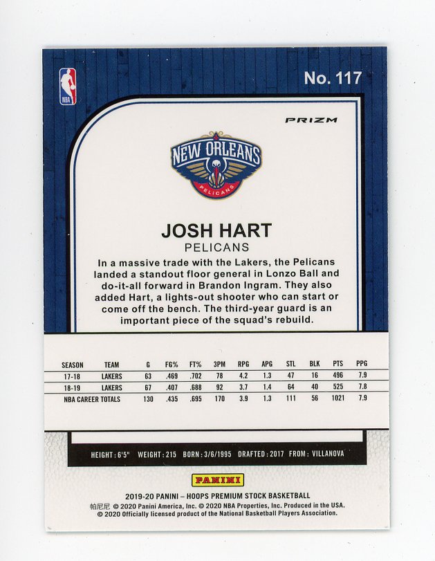 2019-2020 Josh Hart Prizm Premium Stock New Orleans Pelicans # 117
