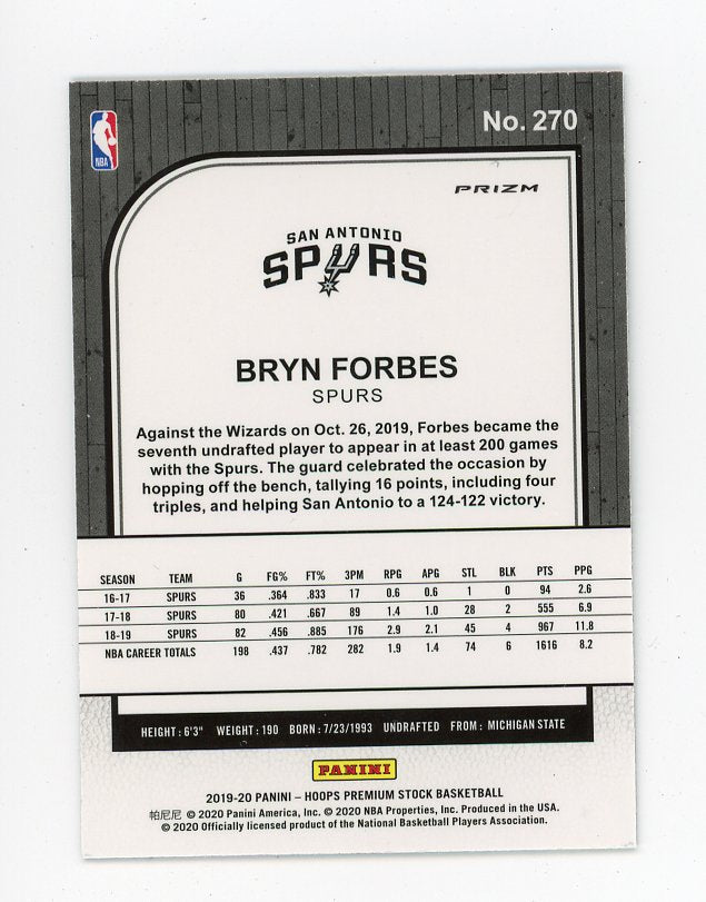 2019-2020 Bryn Forbes Silver Flash Premium Stock San Antonio Spurs # 270