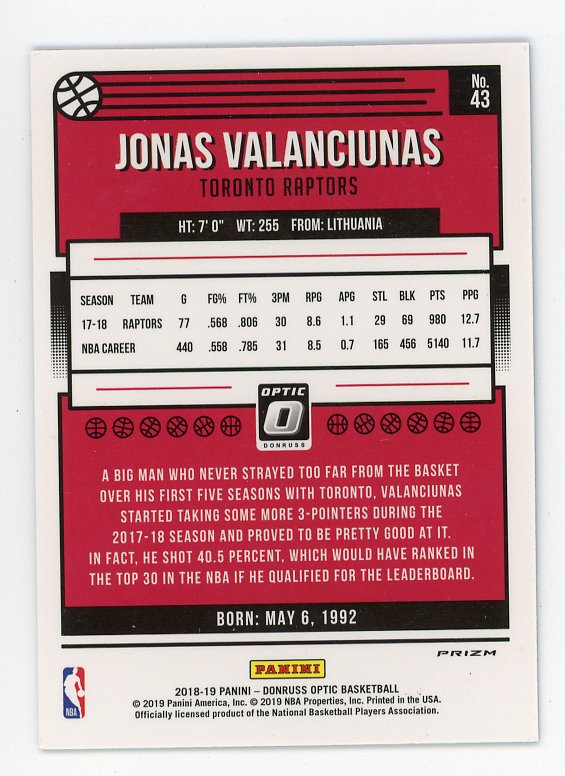2018-2019 Jonas Valanciunas Blue Velocity Donruss Optic Toronto Raptors # 43