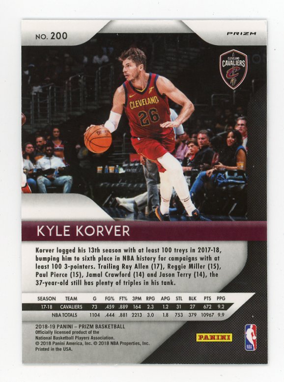 2018-2019 Kyle Korver Red White Blue Prizm Panini Cleveland Cavaliers # 200