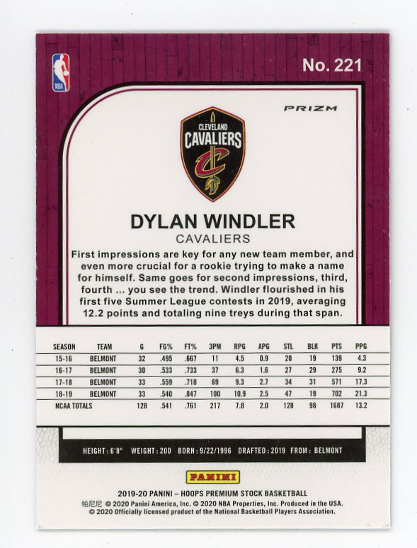 2019-2020 Dylan Windler Rookie Red Flash Premium Stock Cleveland Cavaliers # 221