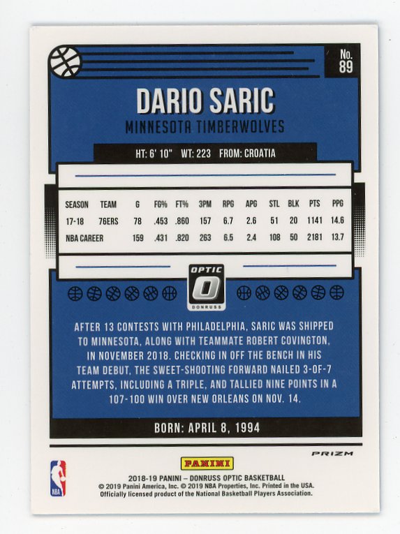 2018-2019 Dario Saric Blue Laser Donruss Optic Minnesota Timberwolves # 89