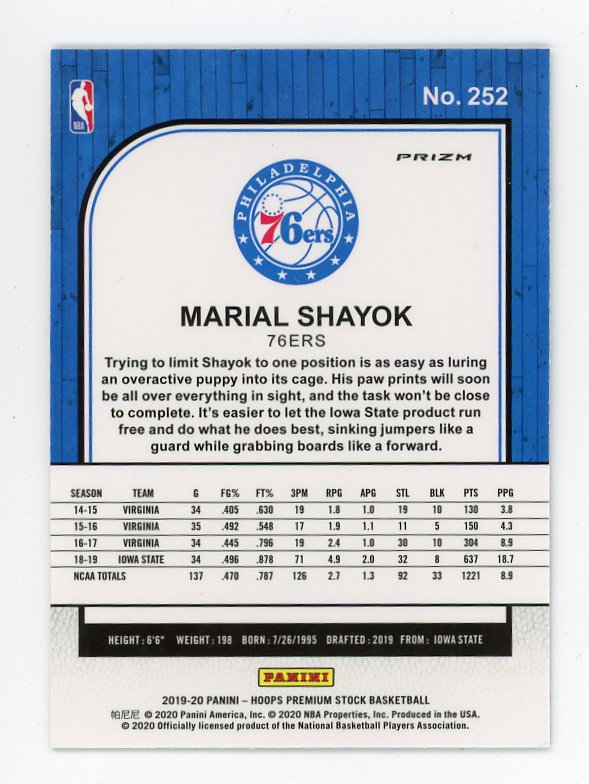 2019-2020 Marial Shayok Rookie Silver Flash Premium Stock Philadelphia 76ers # 252