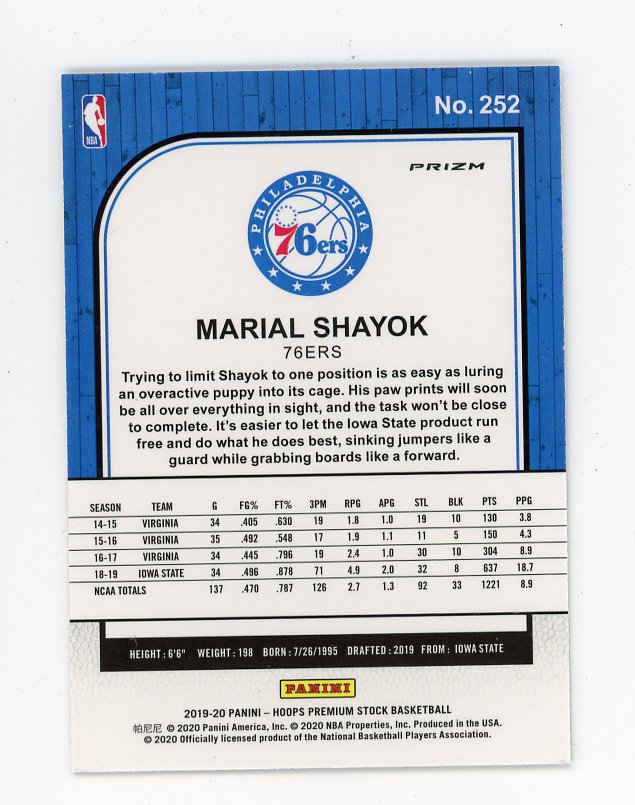 2019-2020 Marial Shayok Rookie Silver Laser Premium Stock Philadelphia 76ers # 252