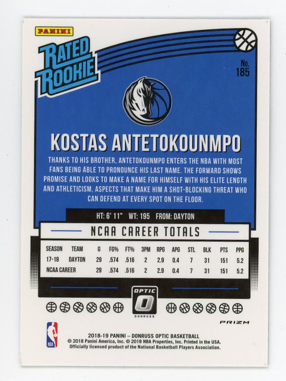 2018-2019 Kostas Antetokounmpo Rated Rookie Silver Flash Donruss Optic Dallas Mavericks # 185