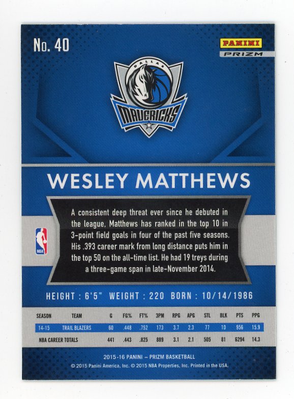 2015-2016 Wesley Matthews Green Prizm Panini Dallas Mavericks # 40