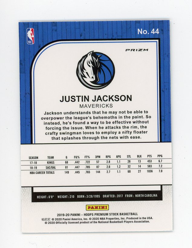 2019-2020 Justin Jackson Silver Flash Premium Stock Dallas Mavericks # 44