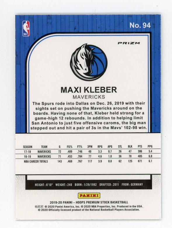 2019-2020 Maxi Kleber Silver Premium Stock Dallas Mavericks # 94