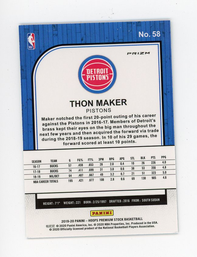 2019-2020 Thon Maker Silver Flash PRemium Stock Detroit Pistons # 58