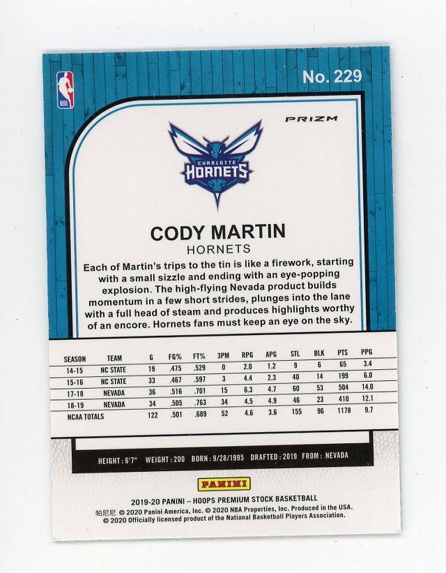 2019-2020 Cody Martin Rookie Silver Flash Panini Charlotte Hornets # 229