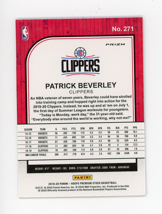 2019-2020 Patrick Beverley Silver Premium Stock Los Angeles Clippers # 271