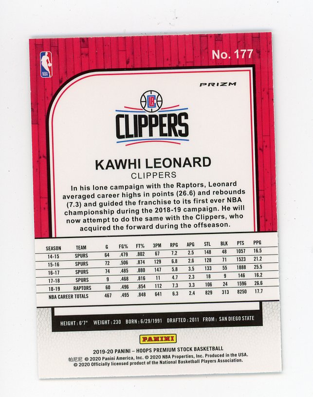 2019-2020 Kawhi Leonard Silver Flash Premium Stock Los Angeles Clippers # 177