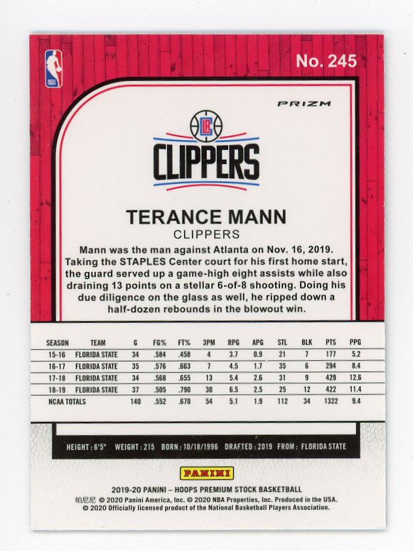 2019-2020 Terance Mann Silver Flash Premium Stock Los Angeles Clippers # 245