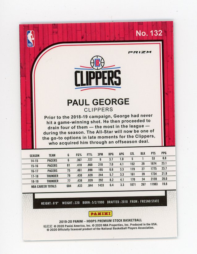 2019-2020 Paul George Silver Flash Premium Stock Los Angeles Clippers # 132