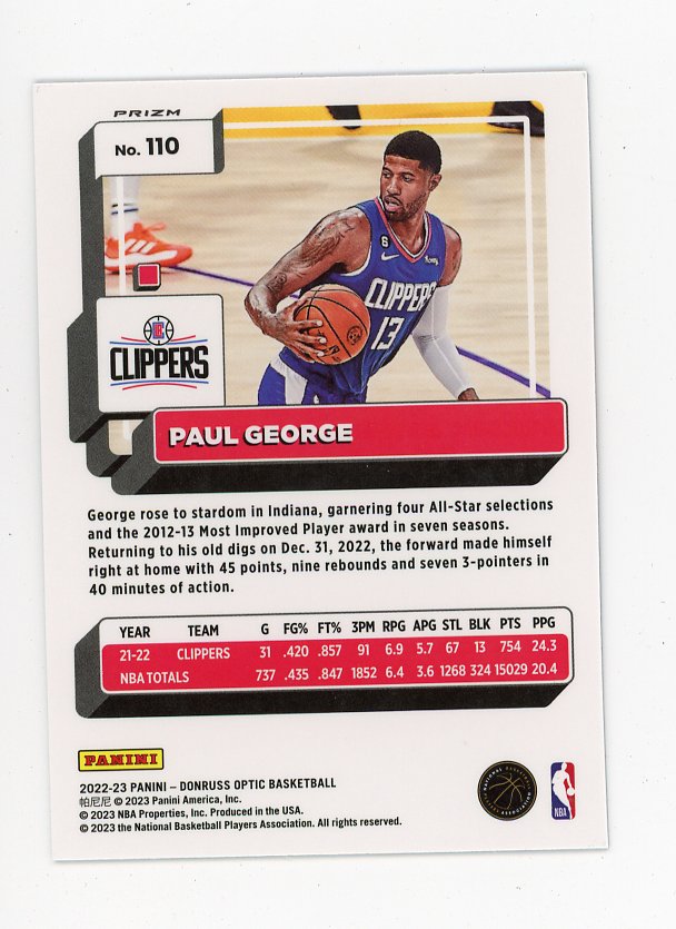 2022-2023 Paul George Purple Prizm Donruss Optic Los Angeles Clippers # 110
