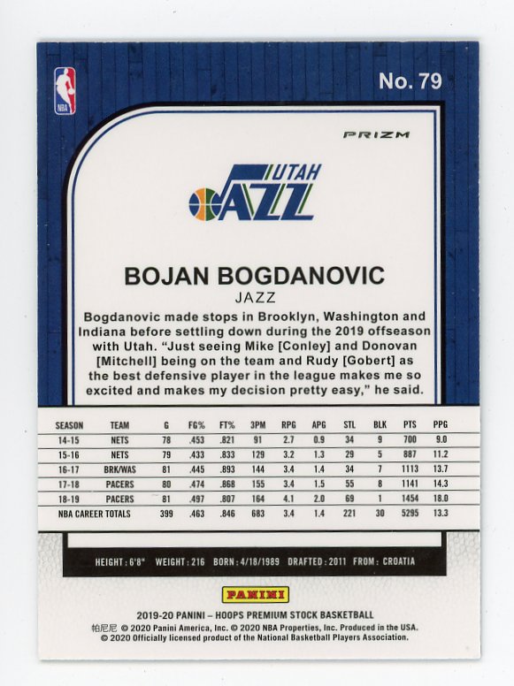 2019-2020 Bojan Bogdanovic Silver Flash Premium Stock Utah Jazz # 79