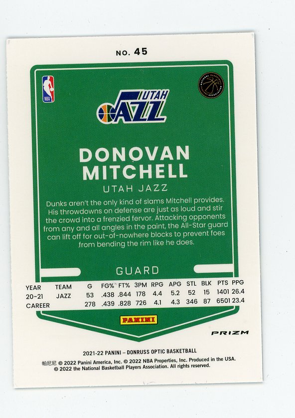 2021-2022 Donovan Mitchell Purple Prizm Donruss Optic Utah Jazz # 45