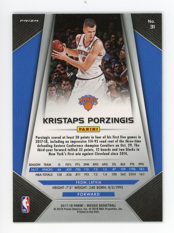 2017-2018 Kristaps Porzingis Blue Prizm Panini New York Knicks # 31