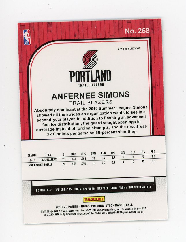 2019-2020 Anfernee Simons Silver Flash Panini Portland Trail Blazers # 268