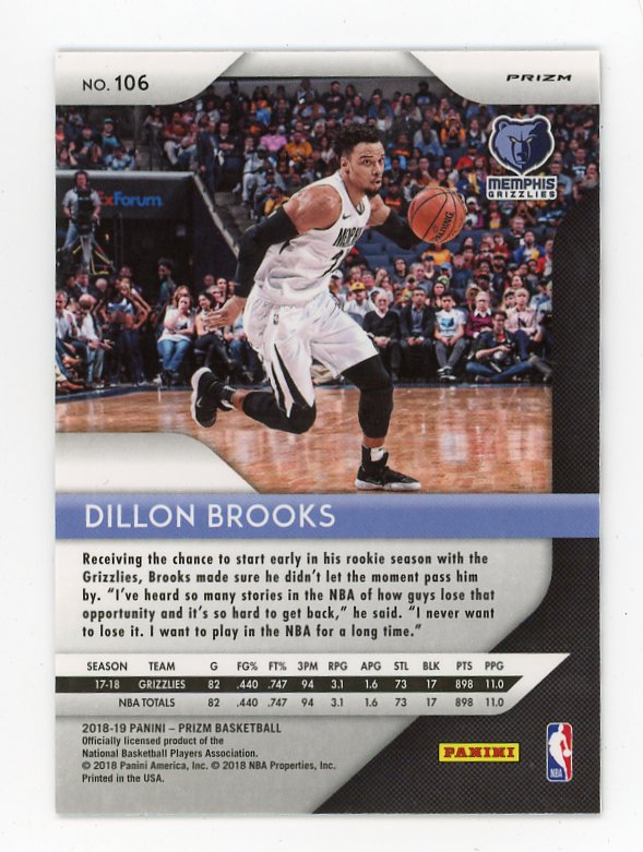 2018-2019 Dillon Brooks Red White Blue Prizm Panini Memphis Grizzlies # 106