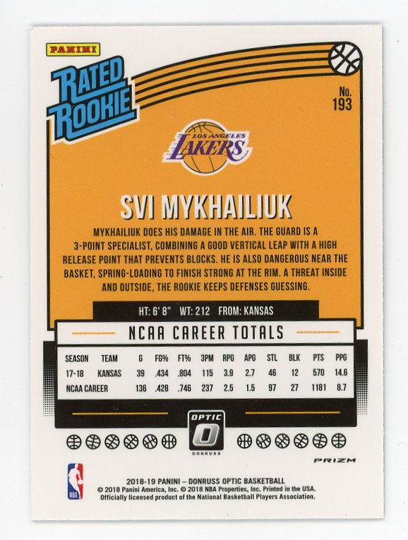2018-2019 Svi Mykhailiuk Rated Rookie Silver Flash Donruss Optic Los Angeles Lakers # 193
