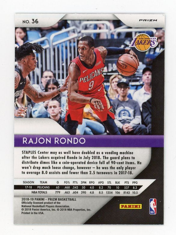 2018-2019 Rajon Rondo Red White Blue Prizm Panini Los Angeles Lakers # 36