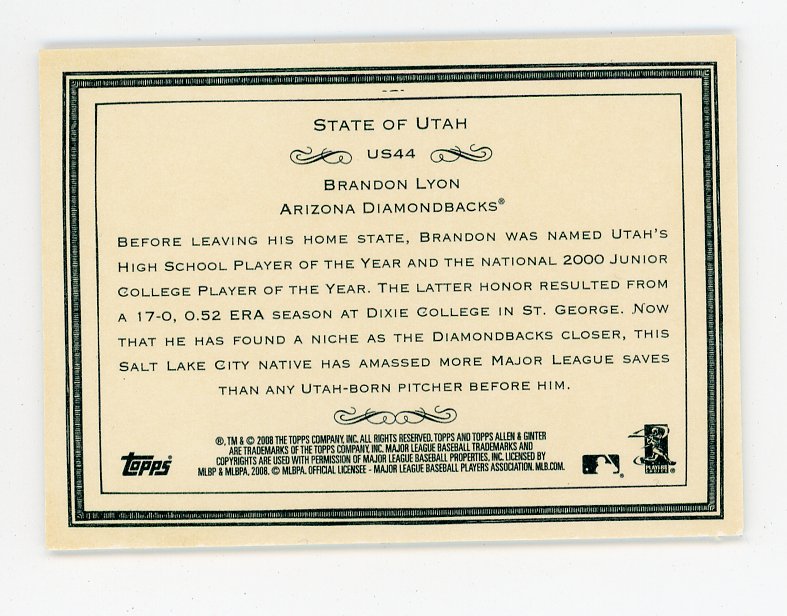 2008 Brandon Lyon State Of Utah Allen & Ginter Arizona Diamondbacks # US44