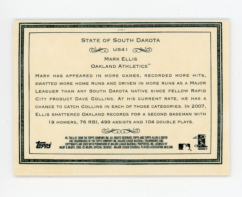 2008 Mark Ellis State Of South Dakota Allen & Ginter Oakland Athletics # US41