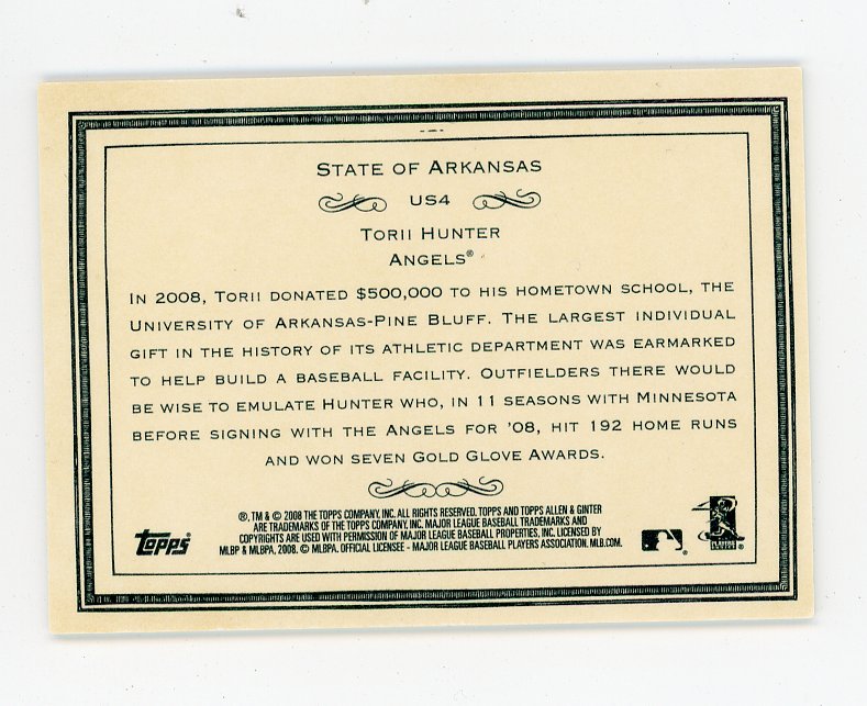 2008 Torii Hunter State Of Arkansas Allen & Ginter Los Angeles Angels # US4