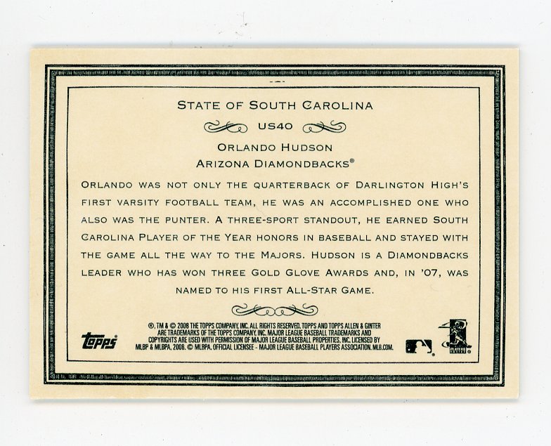2008 Orlando Hudson State Of South Carolina Allen & Ginter Arizona Diamondbacks # US40