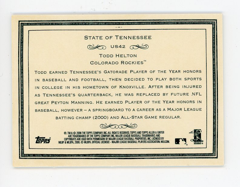 2008 Todd Helton State Of Tennessee Allen & Ginter Colorado Rockies # US42