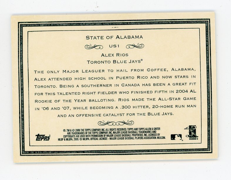 2008 Alex Rios State Of Alabama Allen & Ginter Toronto Blue Jays # US1