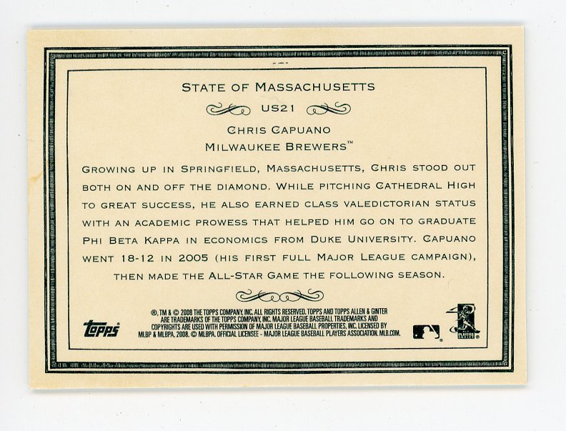 2008 Chris Capuano State Of Massachusetts Allen & Ginter Milwaukee Brewers # US21