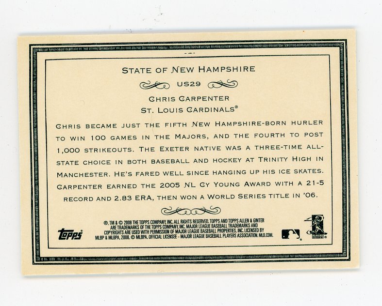 2008 Chris Carpenter State Of New Hampshire Allen & Ginter St.Louis Cardinals # US29