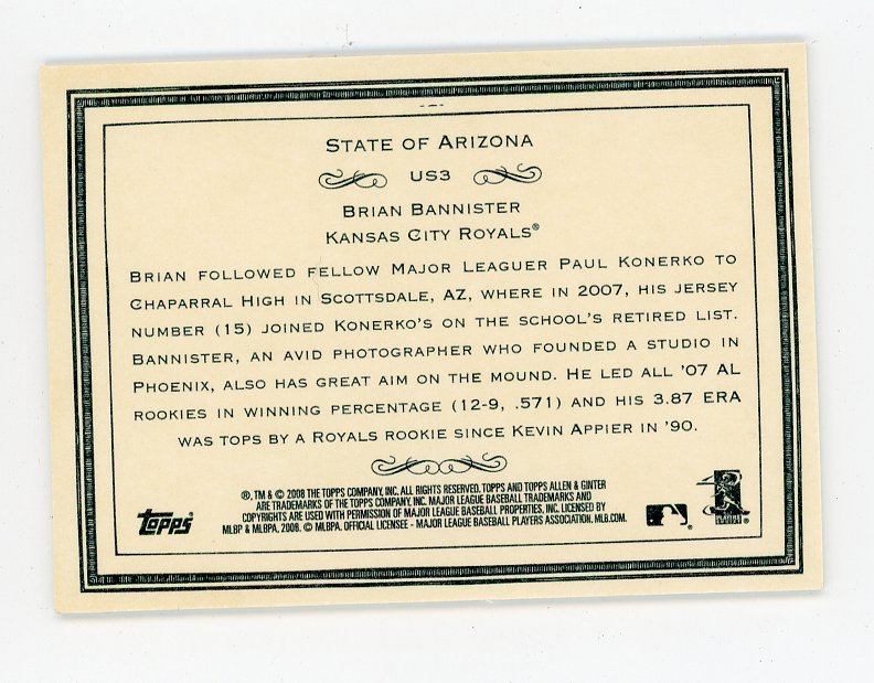 2008 Brian Bannister State Of Arizona Allen & Ginter Kansas City Royals# US3