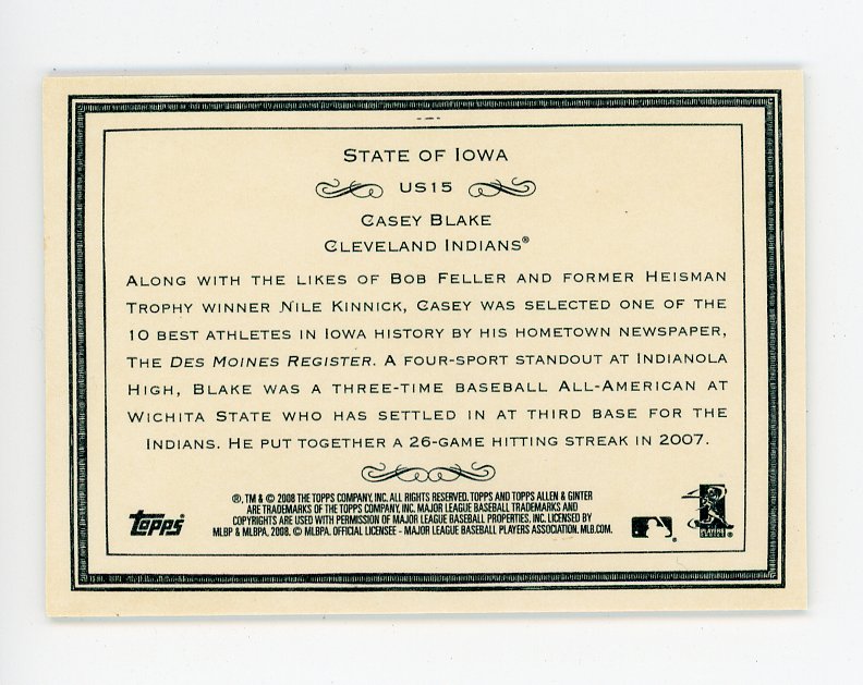 2008 Casey Blake State Of Iowa Allen & Ginter Cleveland Indians # US15