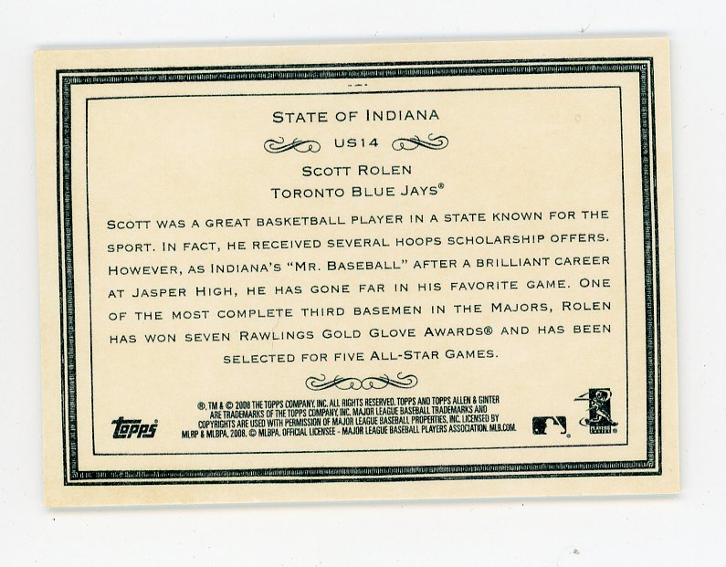 2008 Scott Rolen State Of Indiana Allen & Ginter Toronto Blue Jays # US14