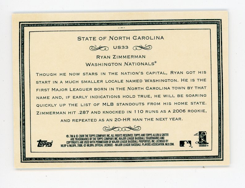 2008 Ryan Zimmerman State Of North Carolina Allen & Ginter Washington Nationals # US33