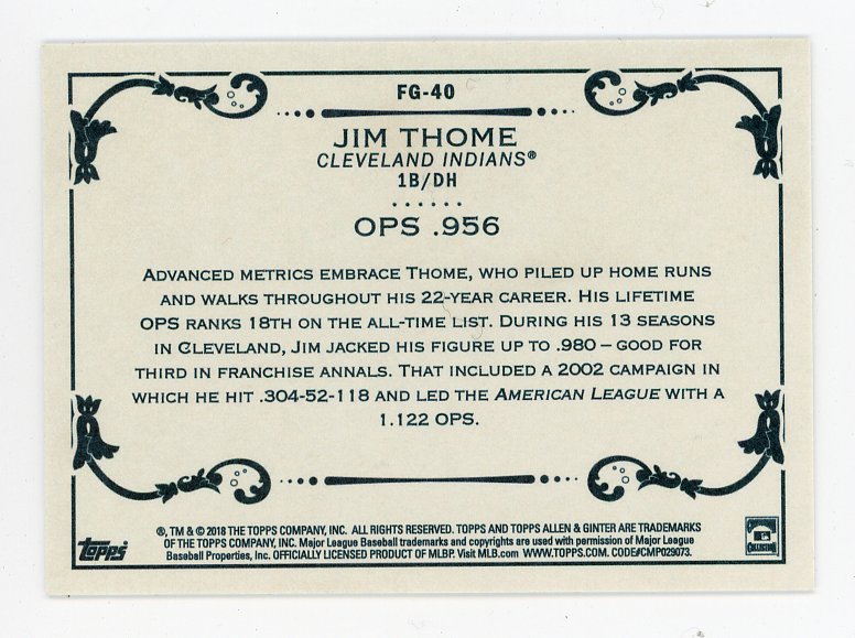2018 Jim Thome Fantasy Gold Mine Allen & Ginter Cleveland Indians # FG-40