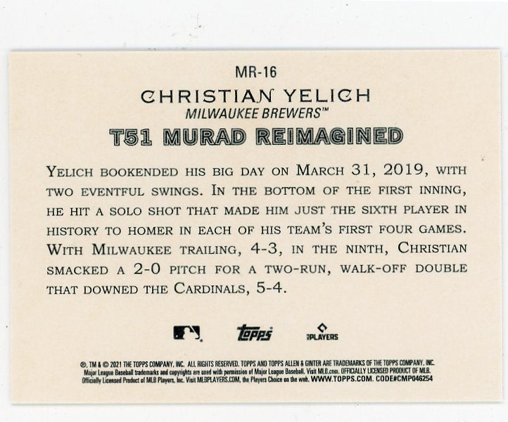 2021 Christian Yelich Murad Reimagined Allen & Ginter Milwaukee Brewers # MR-16