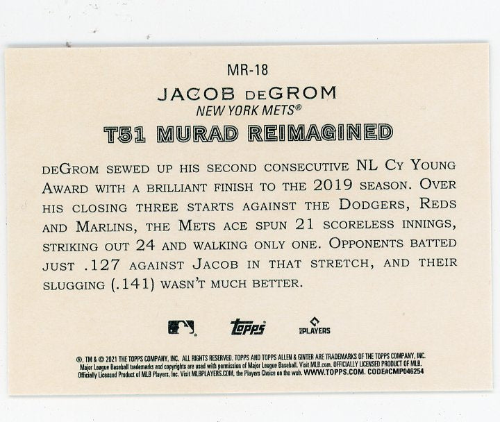 2021 Jacob Degrom Murad Reimagined Allen & Ginter New York Mets # MR-18