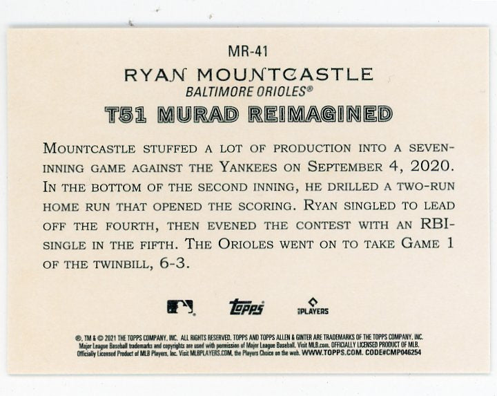 2021 Ryan Mountcastle Rookie Murad Reimagined Allen & Ginter Baltimore Orioles # MR-41