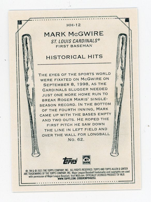 2021 Mark Mcgwire Historical Hits Allen & Ginter St.Louis Cardinals # HH-12