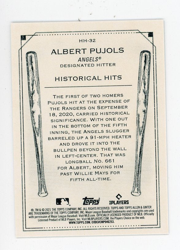 2021 Albert Pujols Historical Hits Allen & Ginter Los Angeles Angels # HH-32