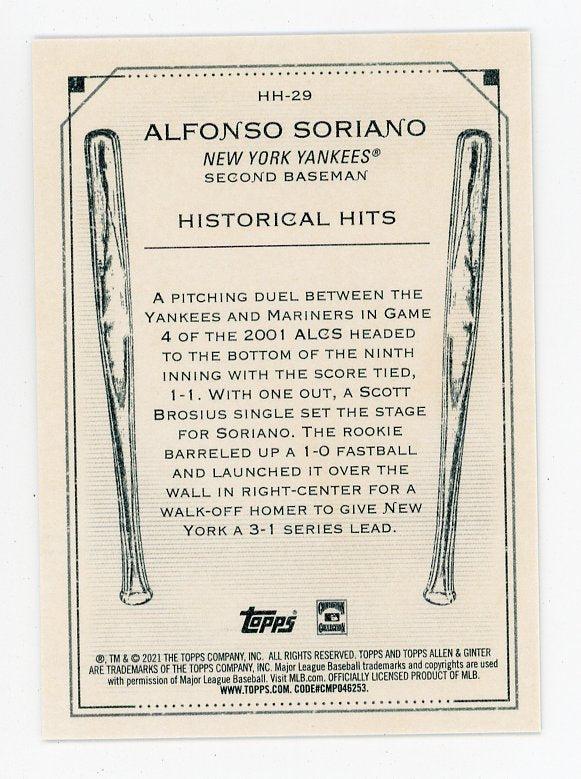 2021 Alfonso Soriano Historical Hits Allen & Ginter New York Yankees # HH-29