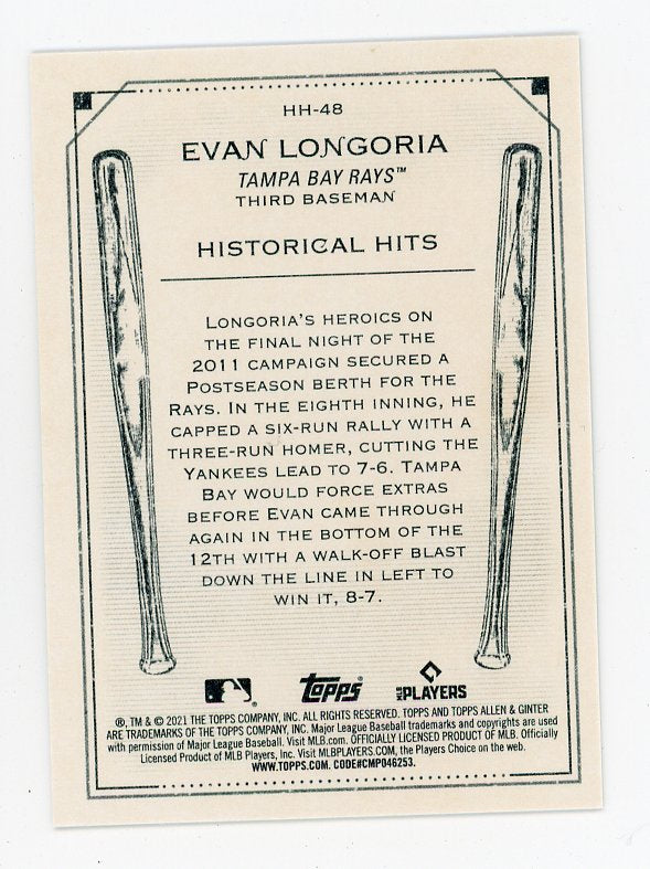 2021 Evan Longoria Historical Hits Allen & Ginter Tampa Bay Rays # HH-48